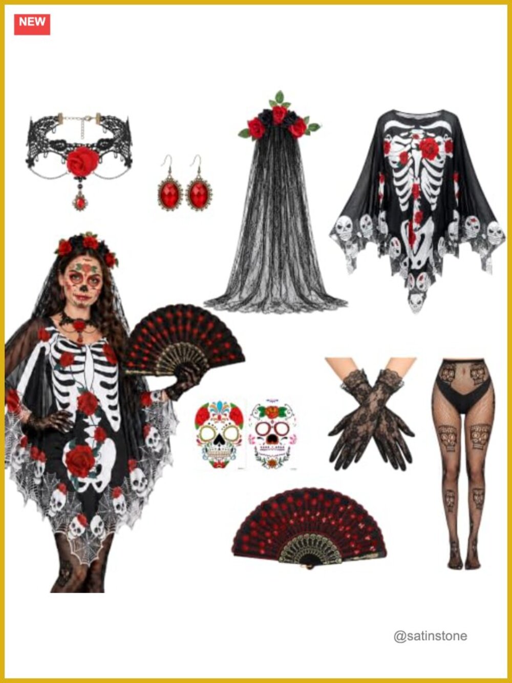 Day of the Dead Costume Set Skeleton Poncho Cape Veil Lace Gloves Fishnet Tights